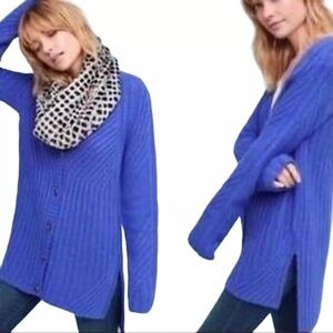 Athropologie Moth Size L Blue Ribbed Knit Long Sweater Cardigan Oversized